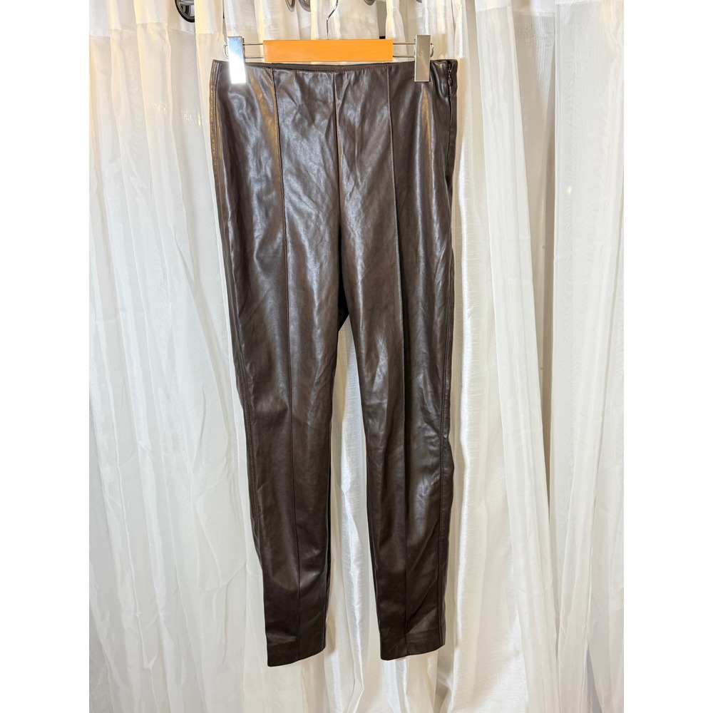 Babaton Vegan Leather Pants Womens 4 Brown High Waisted Side Zip Seam Front